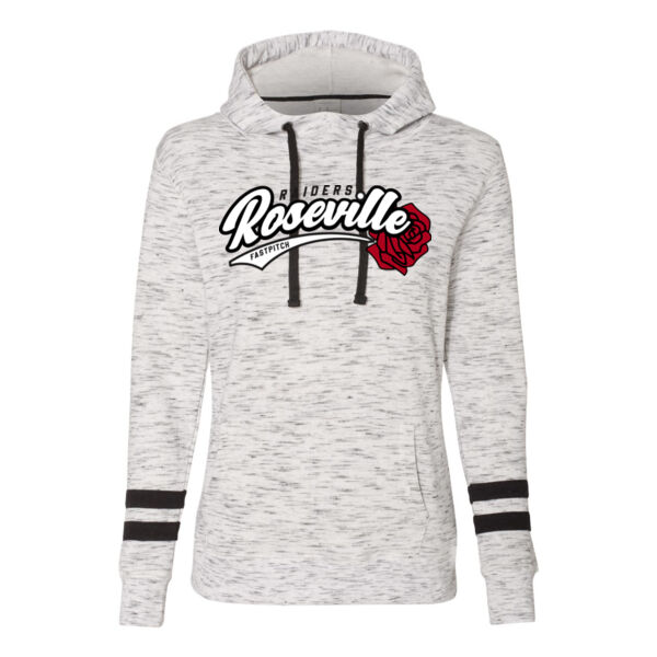 J. America - Women’s Mélange Fleece Striped-Sleeve Hooded Sweatshirt - Applique Logo ** Add Name for $5! ** Thumbnail